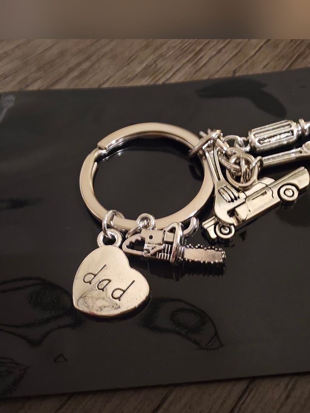 Silver 'Dad' Heart Charm Keyring with Tool Charms